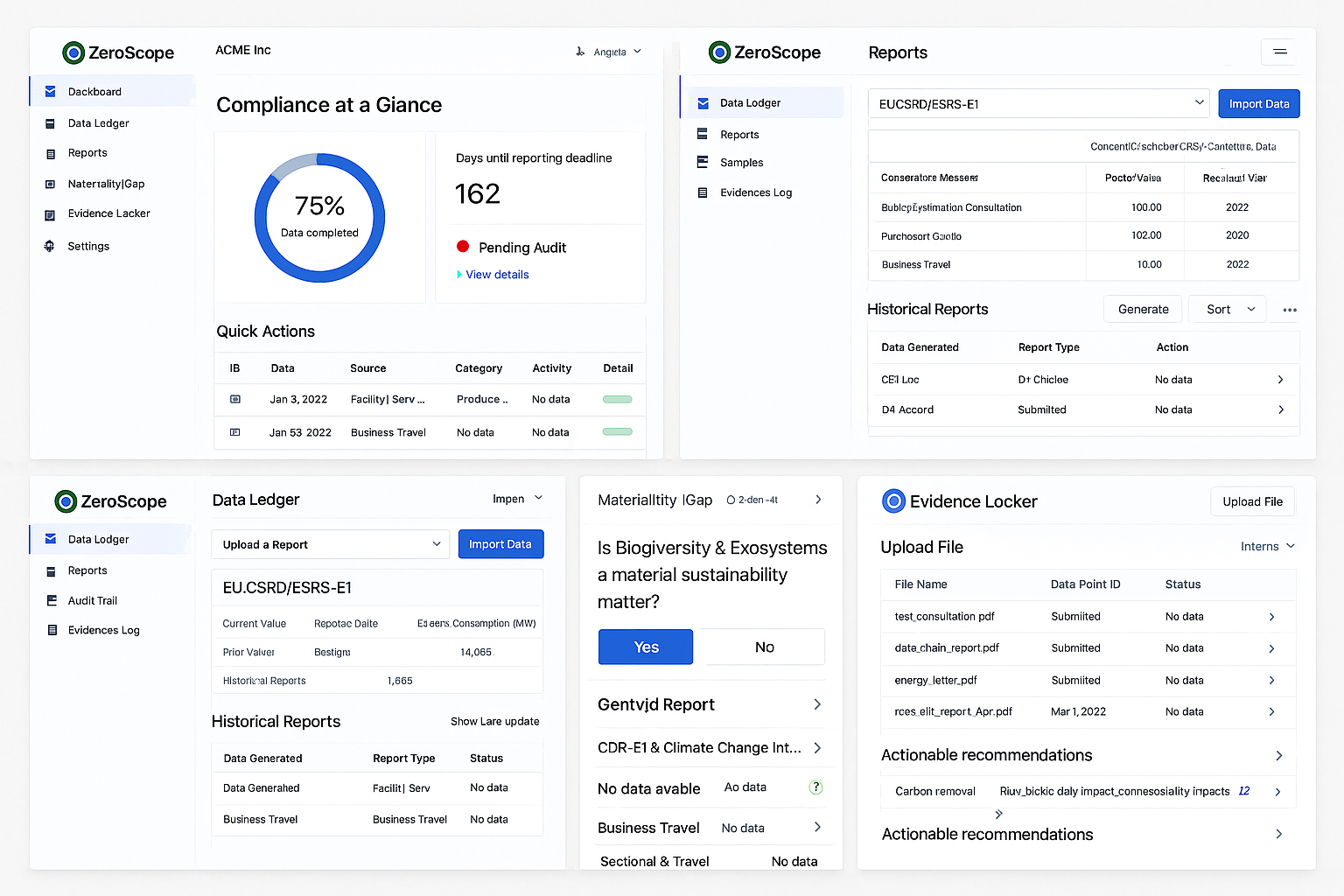 ZeroScope AI-powered platform dashboard for CSRD and ESG compliance, showing sustainability data and reporting tools.